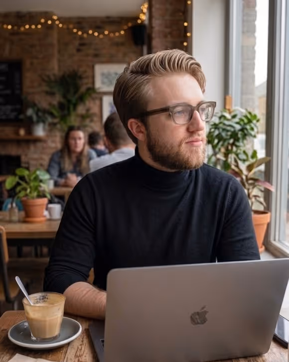 Emiel Hemmes working on his laptop in a cafe