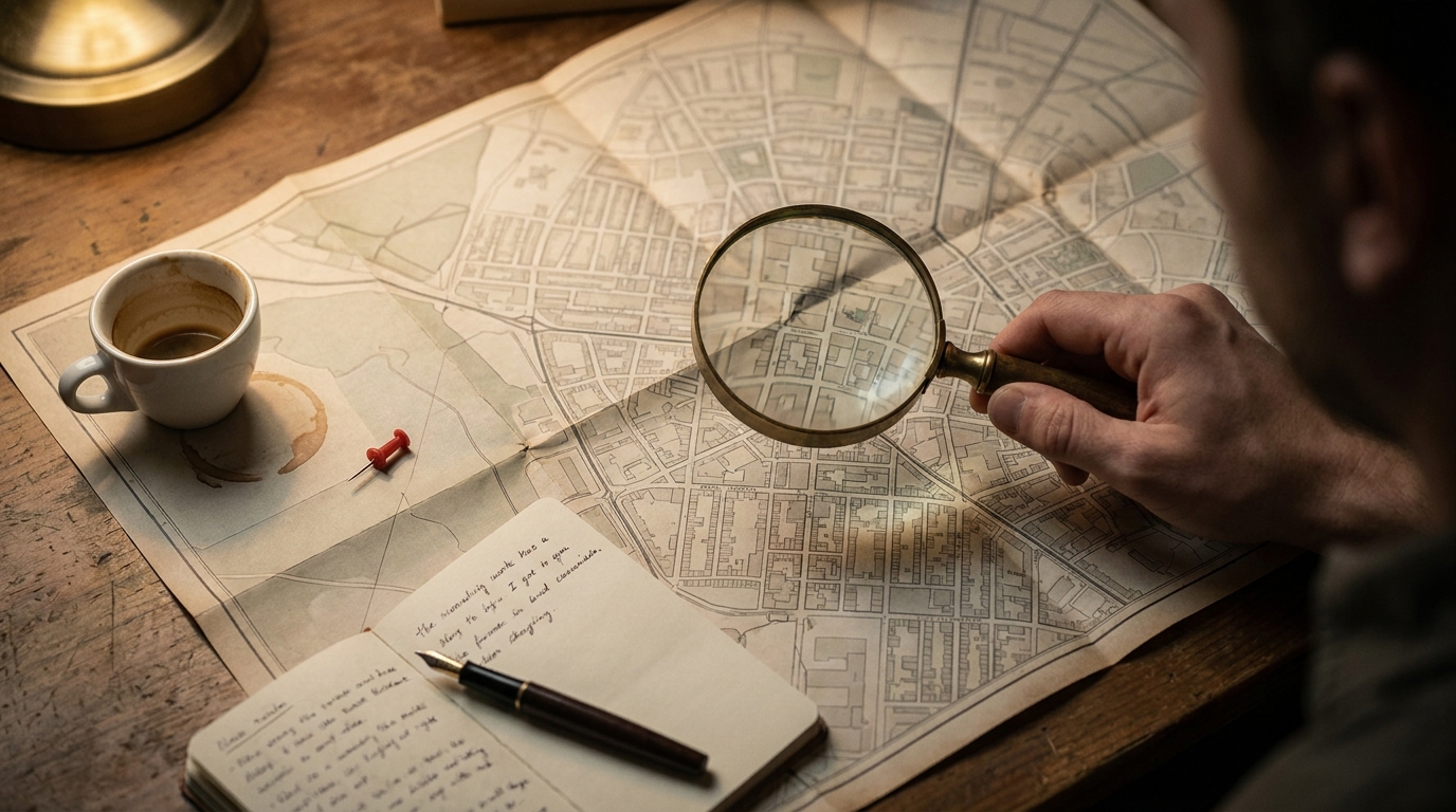 A folded paper city map on a wooden desk with a brass magnifying glass held above it, a small red map pin pressed into the wrong street, and a notebook with a fountain pen nearby.
