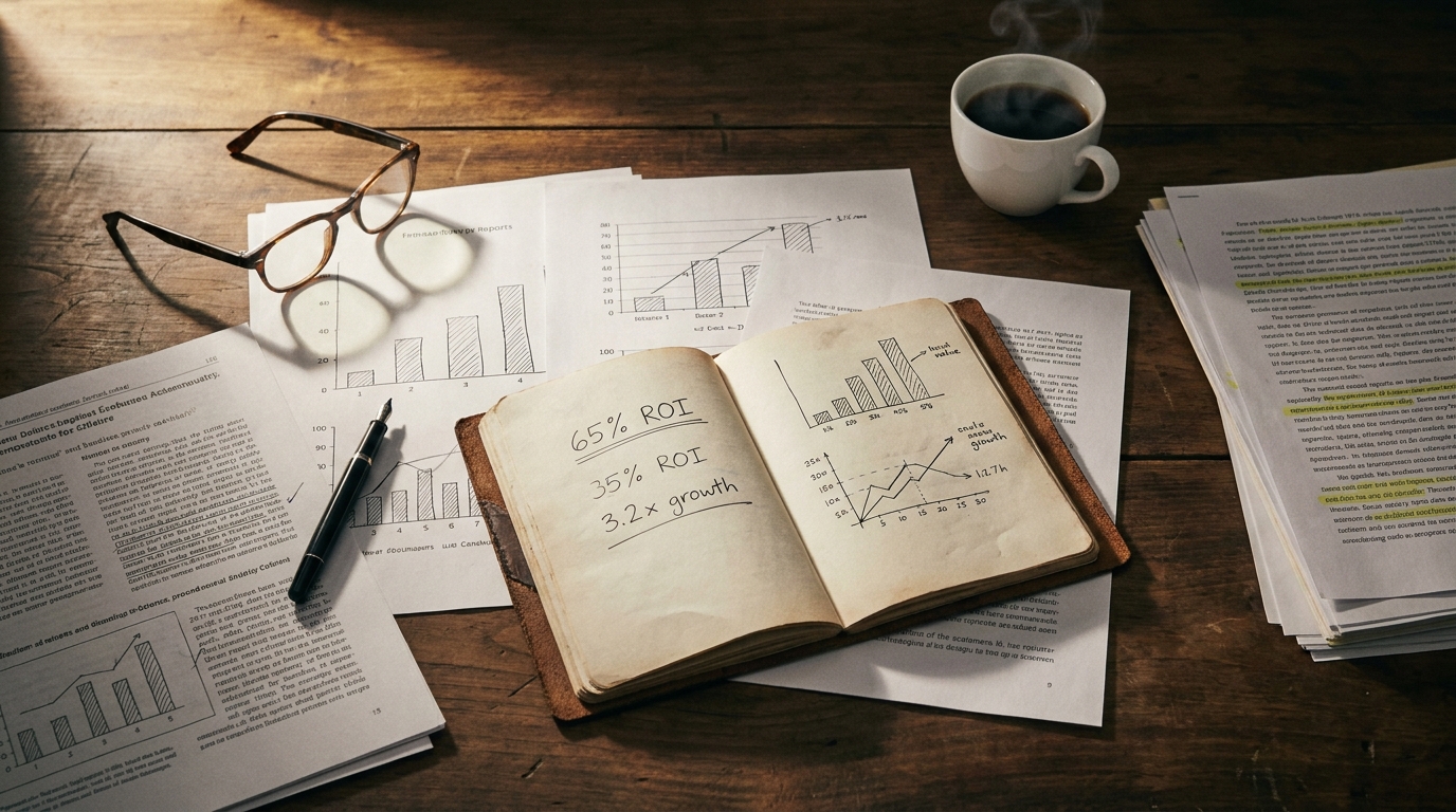 Overhead view of an analyst's desk with several reports showing hand-drawn bar and line charts, a pair of horn-rimmed reading glasses, an open notebook with percentages, a fountain pen and a steaming coffee cup.