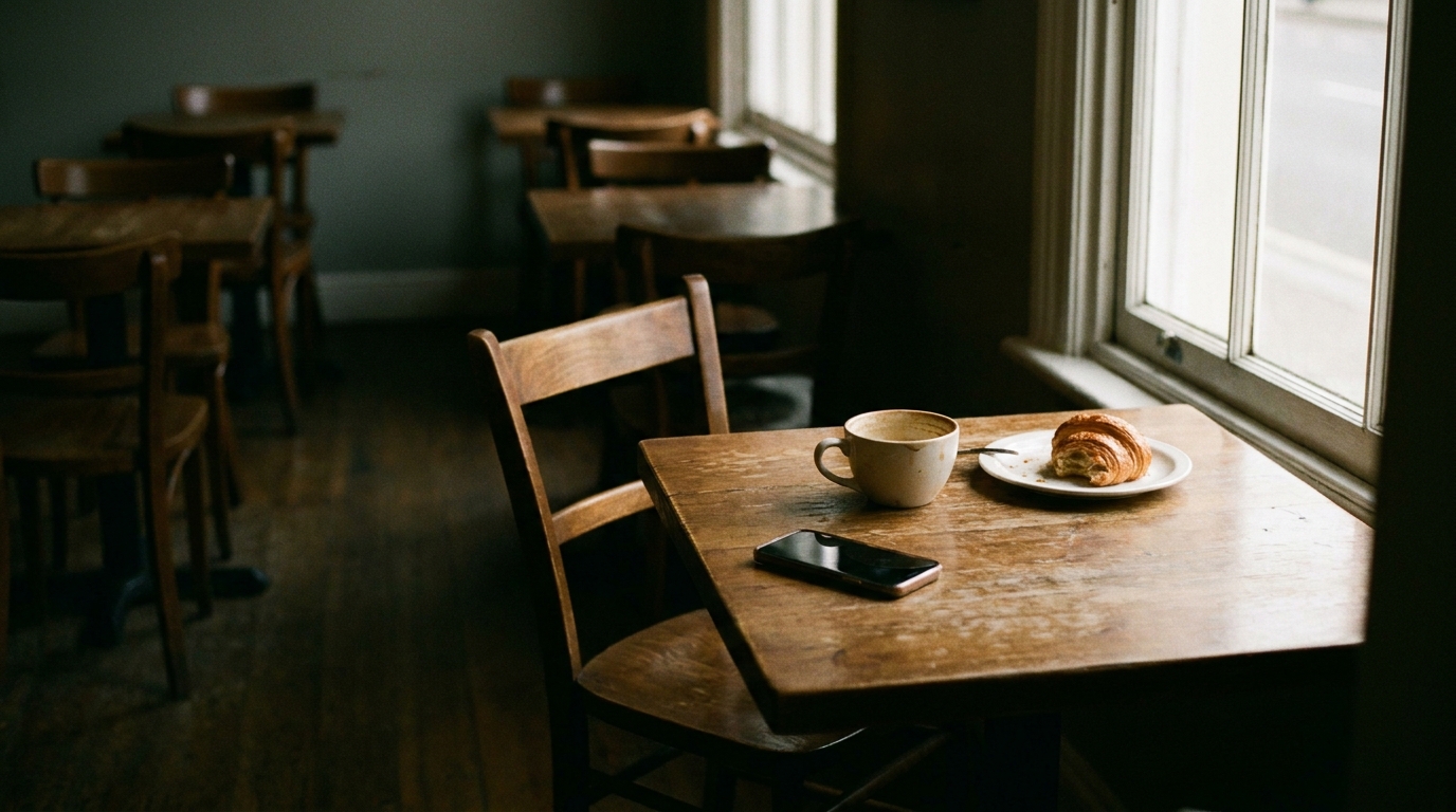 Empty cafe table near a window with a cold half-finished coffee, a face-down phone and an unfinished pastry. The chair is pushed back, suggesting a customer left abruptly.