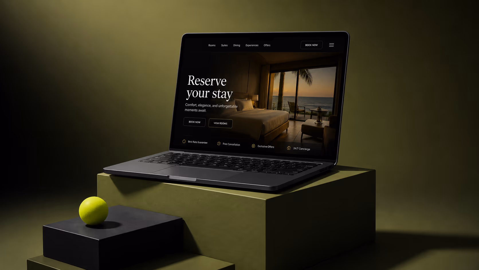 Hotel booking site on MacBook, olive studio scene with chartreuse accent