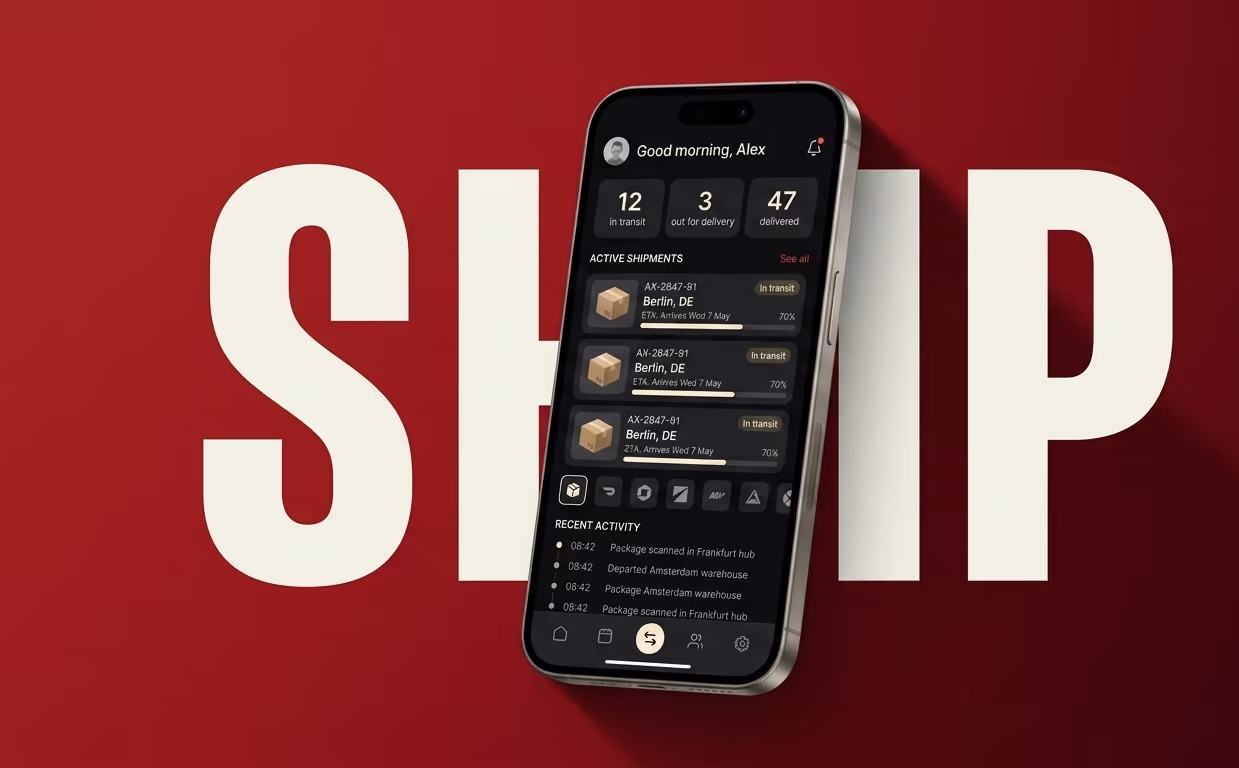 Logistics dashboard on iPhone, wine-red poster with bold SHIP typography