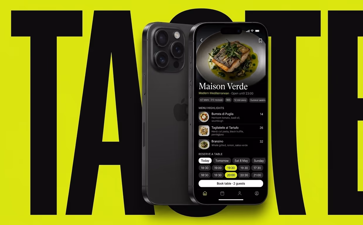 Restaurant booking app on iPhone, lime poster with bold TASTE typography