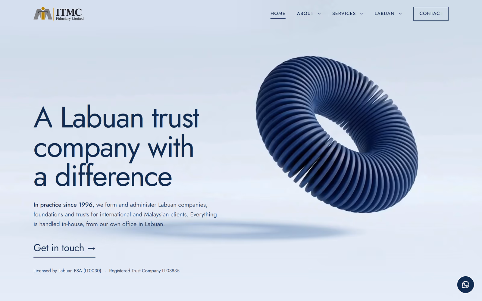 A homepage built for a licensed trust company, navy headline beside a floating blue ring on a pale grey background