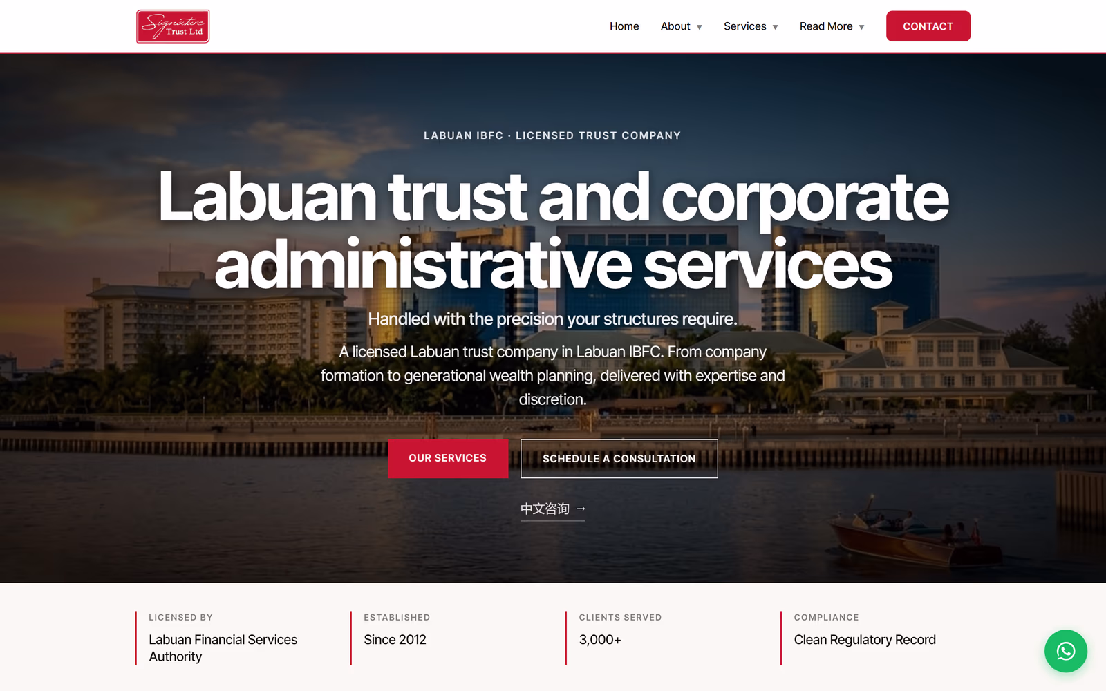 A homepage built for a licensed trust company, dark harbour photo behind a large white headline